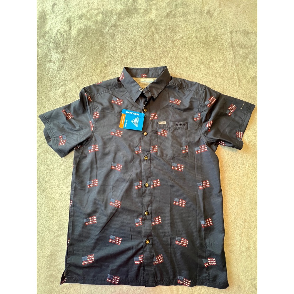 Columbia Camp Shirt Mens Small Blue PFG Super Bluefin Winds Flag Fish